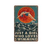 DAIERCY Swimming And Red Moon Tin Signs, Just A Girl Who Loves Swimming Signs Funny Vintage Metal Sign Plaqu Poster Wall Art Pub Bar Kitchen Garden Bathroom Home Decor, 140 X 200 mm