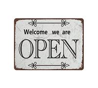 DAIERCY Vintage Metal Tin Sign Plaque,Welcome We are Open Tin Sign,Man cave Pub Club Cafe Home Decor Plate,Birthday Anniversary Housewarming Gift,Size 5.5x8 inches