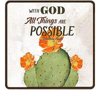 DAIERCY with God All Things are Possible Fun Tin Sign Prickly Pear Cactus Printable Vintage Metal Sign Flower Art Succulent Print Southwestern Botanical Art DIY Desert Decor 12X12 Inches Square Sign