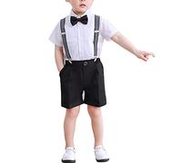 DAIHAN Boy's Summer Gentleman Suit Performance Short Sleeve Shirt & Suspenders Pants with Bowtie Tuxedo Wedding Suit Birthday Party Formal Christening Baptism Outfit Black4PCS 130