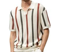 DAIHAN Men V Neck Stretch Golf Tops Chunky Knit Striped Contrast Casual Vertical Stripes Polo Sweater Cable Knitted Textured Slim Fit Stretch Warm Polo Shirt Khaki L