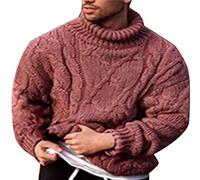 DAIHAN Men's Plain Winter Warm Roll Neck Cable Stitch Jumper Twist Knitwear Sweater High-Necked Warm Turtleneck Knitted Pullover Light red L