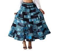 DA'IKI African Skirt Flowing Layers in Bright Dashiki Multi Color Patchwork, Dashiki - Black Bright Blue, S-M