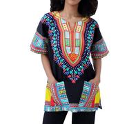 DA'IKI Dashiki Cotton Shirt African Tribal Kaftan Boho Caftan Unisex, Dashiki - New Black Red, XL