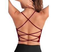 DaiLiWei Strappy Sports Bras for Women High Support Longline Open Back Workout Tops Padded Cross Yoga Crop Tank Built in Bra, Wine Red, M
