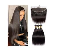 Daily 12-32 Inch Straight Human Hair Bundles with Frontal, Free Part 13x4 HD Transparent Lace Frontal Brazilian Remy Hair Extensions for Dating(22 22 22 with 20)