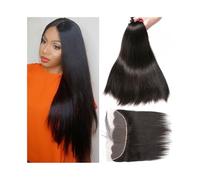 Daily 8-30 Inch Human Hair Bundles with Frontal Straight Weave Bundles with 13×4 Lace Frontal Brazilian Remy Hair Extensions for Dating(24 26 28 with 14)