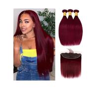 Daily 99J Burgundy Straight Bundles with Frontal Human Hair Extensions Wine Red 3 Bundles with 13x4 Lace Frontal Brazilian Virgin Hair Weave for Dating(30 30 30 Closure 20)