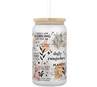 Daily Affirmation Iced Coffee Cup [Frosted], 16 oz Glass Cups with Bamboo Lids and Straws |Mason Jar Drinking Glasses & Glass Tumbler with Straw and Lid | Boba Cup, Beer Can Glass for Mental Health