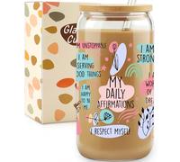 Daily Affirmations Glass Cup, Iced Coffee Tumbler with Positive Quotes, Mental Health, Self Care, Inspirational, Motivational Gifts for Women Friends, Graduation, Cheer Up Gifts for Sister, Student