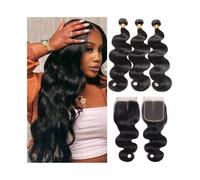 Daily Body Wave Bundles with 4x4 Closure Double Weft Human Hair Extensions Natural Hairline Remy Hair Bundles with Lace Closure for Dating(14 14 14 Closure 12)