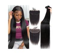 Daily Bundles Human Hair with Frontal Natural Black 3 Bundles Straight Brazilian Remy Hair Extensions Free Part 13x4 Swiss Lace Frontal for Dating(14 16 18 Closure 12)