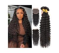Daily Curly Human Hair Bundles with Closure Deep Wave Bundles with 4x4 Lace Closure Brazilian Virgin Hair for Dating(24 24closure18)