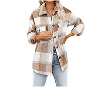 Daily Deals Clearance Oversized Tees for Women's Brushed Plaid Shirts Long Sleeve Flannel Lapel Button Down Pocketed Shacket Jacket Women Sale Clearance Yellow