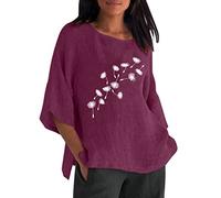 Daily Deals Clearance Plus Size Holiday Tops Summer Womens 3 of 4 Sleeve Crew Neck Floral Printed Loose Top T Shirts Casual Tunic Lightning Deals Day Next Day Delivery Clothes Purple