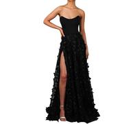Daily Deals Formal Occasion Dress Women's 3D Embroidered Tube Top Mesh Sexy Elegant Tulle Floral Back Tie Hem Slit Prom Formal Evening Maxi Dress (Black, XXL)