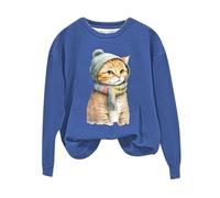 Daily Deals of The Day Plain Sweatshirts for Women UK clearance Femmes Cute Cat Imprimé Col Rond Manches Longues Casual Sweatshirt Sans Lightning Deals Today (Blue, XL)