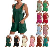 Daily Deals Women's Tie Shoulder Overall Shorts Scoop Neck Plus Size Solid Color Summer Casual Wide Leg Romper with Pocket Pocket Short Sleeve Adjustable Jumpsuit UK Sale Clearance 1P
