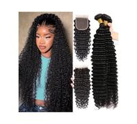 Daily Deep Wave Bundles with 4x4 Closure Brazilian Virgin Human Hair 3 Bundles with Free Part Lace Closure Curly Remy Hair Extensions for Dating(16 16 16 Closure14)