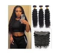 Daily Deep Wave Bundles with Frontal for Black Women Double Weft Natural Brazilian Virgin Hair Wwave 3 Bundle with Free Part 13×4 Lace Frontal for Dating(12 12 12 Closure10)
