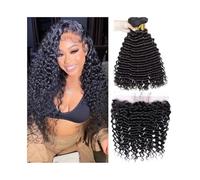Daily Deep Wave Human Hair Bundles with 13×4 Frontal Brazilian Virgin Hair Wave Curly 3 Bundles with Transparent Lace Frontal for Dating(14 14 14 Closure 12)