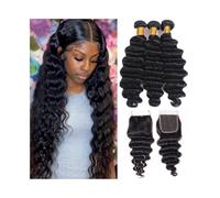 Daily Human Hair Bundles with Closure Loose Deep Wave Hair Bundles Free Part Brazilian Hair Bundles with 4×4 Swiss Lace Closure for Dating(16 16 16+Closure14)