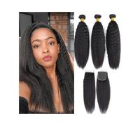 Daily Kinky Straight Human Hair Bundles with 4×4 Lace Cosure Pre Plucked Natural Hairline for Dating(24 24 24+Closure20)
