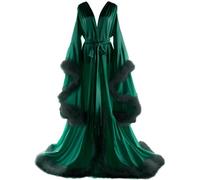 Daily Life Mall Women's Feather Bridal Robes Old Hollywood Maternity Photoshoot Nightgown Silk Bathrobe Long Lingerie, Green+black, XL