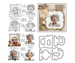 Daily Life of The Elderly Stamps and Die Cuts for Card Making Old Lady Transparent Silicone Clear Stamp and Metal Cutting Dies Sets for DIY Scrapbooking Paper Crafting Seals Decorative Supplies