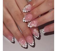 Daily Look False Nails Floral French Tip Nude Dotted Glossy Pieces, Multi Size Manicure Set for Travel Parties Date