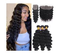 Daily Loose Deep Wave Bundles with Closure 10-40inch Brazilian Human Hair Extension Free Part Curly Weave 3 4 Bundles with Lace Closure Natural Color for Dating(4" x 4",26 28 28with20)