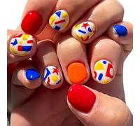 Daily Manicure Tips Short Square Artificial Nails Glossy Colorful False Tips with Red Blue Yellow Geometric Artwork for Bright Outfit Accents Wear Artificial Art Abstract Easy Set
