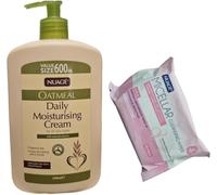 Daily Moisturising Nuage Oatmeal Daily Moisturising Cream Lotion 600ml (Large Size Pump Bottle) + FREE Micellar Cleansing Wipes (20s)