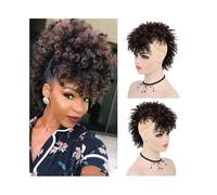 Daily Party Use Afro High Puff Bun Mohawk Ponytail with Bangs Short Kinky Curly Hairpieces for Black Women(1B)