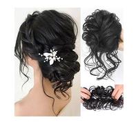 Daily Party Use Bun Ponytail Chignon Brazilian Human Hair Curly Wavy Messy Extensions Pieces for Women Piece(Natural black)
