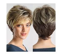 Daily Party Use Fluffy Short Pixie Cut Wigs for White Women Dark Root Ombre Brown Blonde Synthetic Natural Looking Layered Hair with Bangs