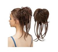 Daily Party Use Messy Bun Hair Piece Wave Curly Extensions with Straight Tails Synthetic Ponytail Hairpieces(Light Auburn mix Dark Brown)