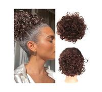 Daily Party Use Messy Curly Hair Bun Clip in Synthetic Pieces Drawstring Ponytail Extensions for Women(Medium Brown Mixed Dark Auburn)