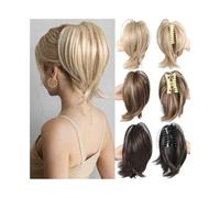 Daily Party Use Messy Straight Hair Bun Hairpiece Synthetic Pony Tail Short Claw Clip Ponytail Extensions for Women(Light Brown mix Natural Blonde)