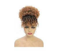 Daily Party Use Synthetic Short Kinky Curly Drawstring Ponytail with Bangs, Clip in Afro High Puff Hair Bun Hairpiece(1BT30)