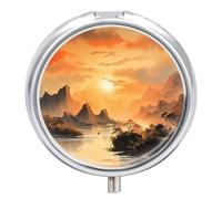 Daily Pill Organizer 3 Compartments, Small Pill Box Portable Travel Pill Case, Pill Container for Purse Pocket, Metal Medicine Organizer - Ancient Chinese Mountain & Pavilion Landscape Ink Painting