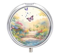 Daily Pill Organizer 3 Compartments, Small Pill Box Portable Travel Pill Case, Pill Container for Purse Pocket, Metal Medicine Organizer - Butterfly Garden Walkway Romantic Watercolor Painting