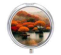 Daily Pill Organizer 3 Compartments, Small Pill Box Portable Travel Pill Case, Pill Container for Purse Pocket, Metal Medicine Organizer - Japan Fall Season Maple Trees River & Boat Painting