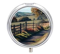 Daily Pill Organizer 3 Compartments, Small Pill Box Portable Travel Pill Case w/Mirror, Mini Pill Container for Purse Pocket, Metal Medicine Organizer - Autumn Mountain Path Trees Landscape Painting