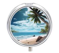 Daily Pill Organizer 3 Compartments, Small Pill Box Portable Travel Pill Case w/Mirror, Mini Pill Container for Purse Pocket, Metal Medicine Organizer - Tropical Island Beach Sunlight and Palms Tree