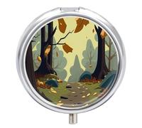 Daily Pill Organizer 3 Compartments, Small Pill Box Portable Travel Pill Case w/Mirror, Mini Pill Container for Purse Pocket, Metal Medicine Organizer - Windy Fall Season Forest Flat Design Painting