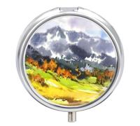 Daily Pill Organizer 3 Compartments, Small Pill Box Portable Travel Pill Case w/Mirror, Mini Pill Container for Purse Pocket, Metal Medicine Organizer - Autumn Mountain Landscape Watercolor Painting