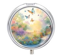 Daily Pill Organizer 3 Compartments, Small Pill Box Portable Travel Pill Case w/Mirror, Mini Pill Container for Purse Pocket, Metal Medicine Organizer - Beautiful Garden with Many Flower & Butterfly