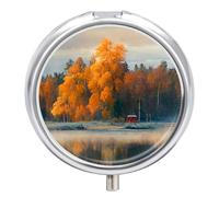 Daily Pill Organizer 3 Compartments, Small Pill Box Portable Travel Pill Case w/Mirror, Pill Container for Purse Pocket, Metal Medicine Organizer - Finland Forest Red Maple Trees Autumn Painting