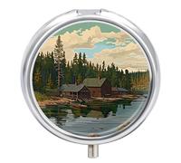Daily Pill Organizer 3 Compartments, Small Pill Box Portable Travel Pill Case w/Mirror, Pill Container for Purse Pocket, Metal Medicine Organizer - Autumn Fishing Village River & Cottage Painting